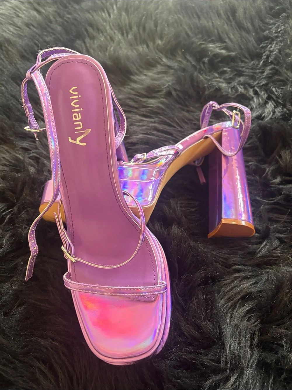 Holographic purple Platform Block Heel Sandals with Ankle Strap